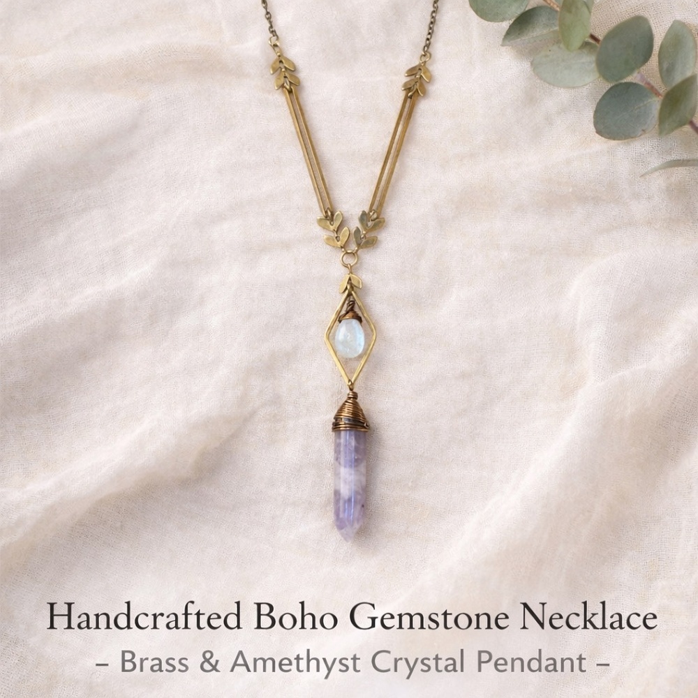 Handcrafted Boho Gemstone Necklace – Brass & Amethyst Crystal Pendant